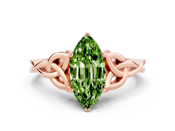 Rose gold Marquise Cut Peridot Solitaire Celtic Knot Ring with Four-Prong Setting