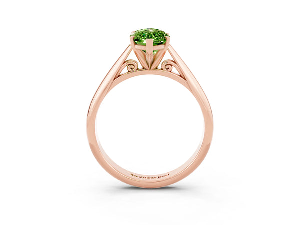 Rose gold Marquise Cut Peridot Solitaire Engagement Ring with Cathedral Setting and Four-Prong Mount