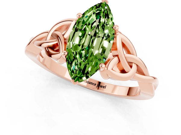 Rose gold Marquise Cut Peridot Solitaire Engagement Ring with Celtic Knot Band and Four-Prong Setting