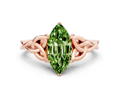 Rose gold Marquise Cut Peridot Solitaire Engagement Ring with Celtic Knot Band and Four-Prong Setting