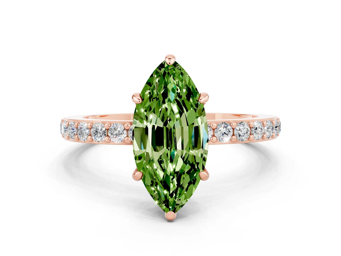 Rose gold Marquise Cut Peridot Solitaire Engagement Ring with Pavé Band and Four-Prong Setting