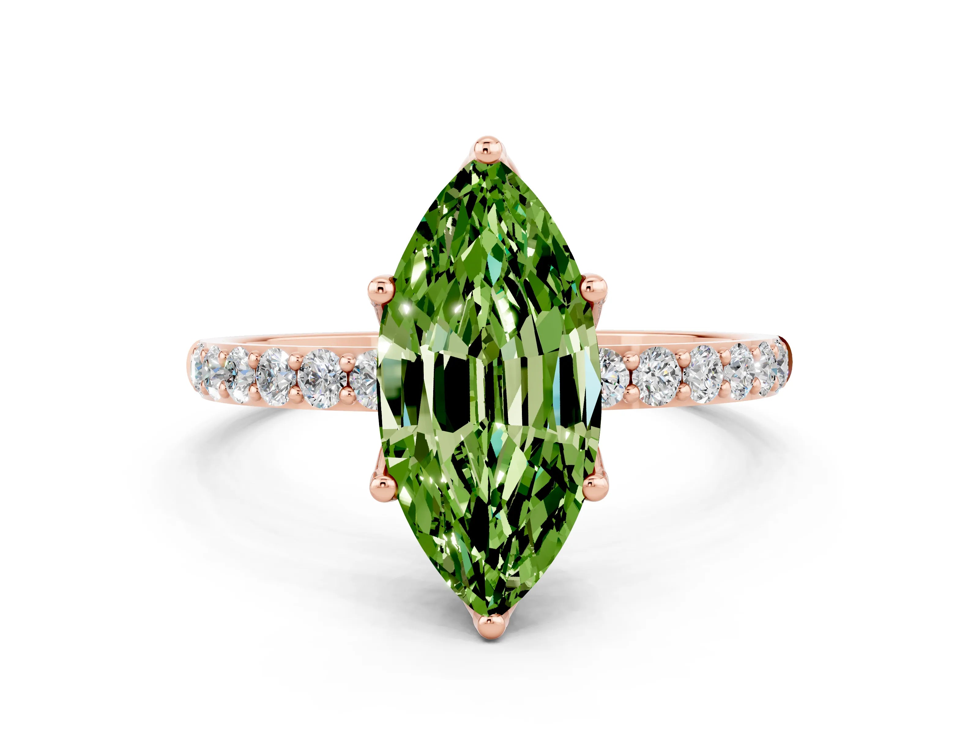 Rose gold Marquise Cut Peridot Solitaire Engagement Ring with Pavé Band and Prong Setting