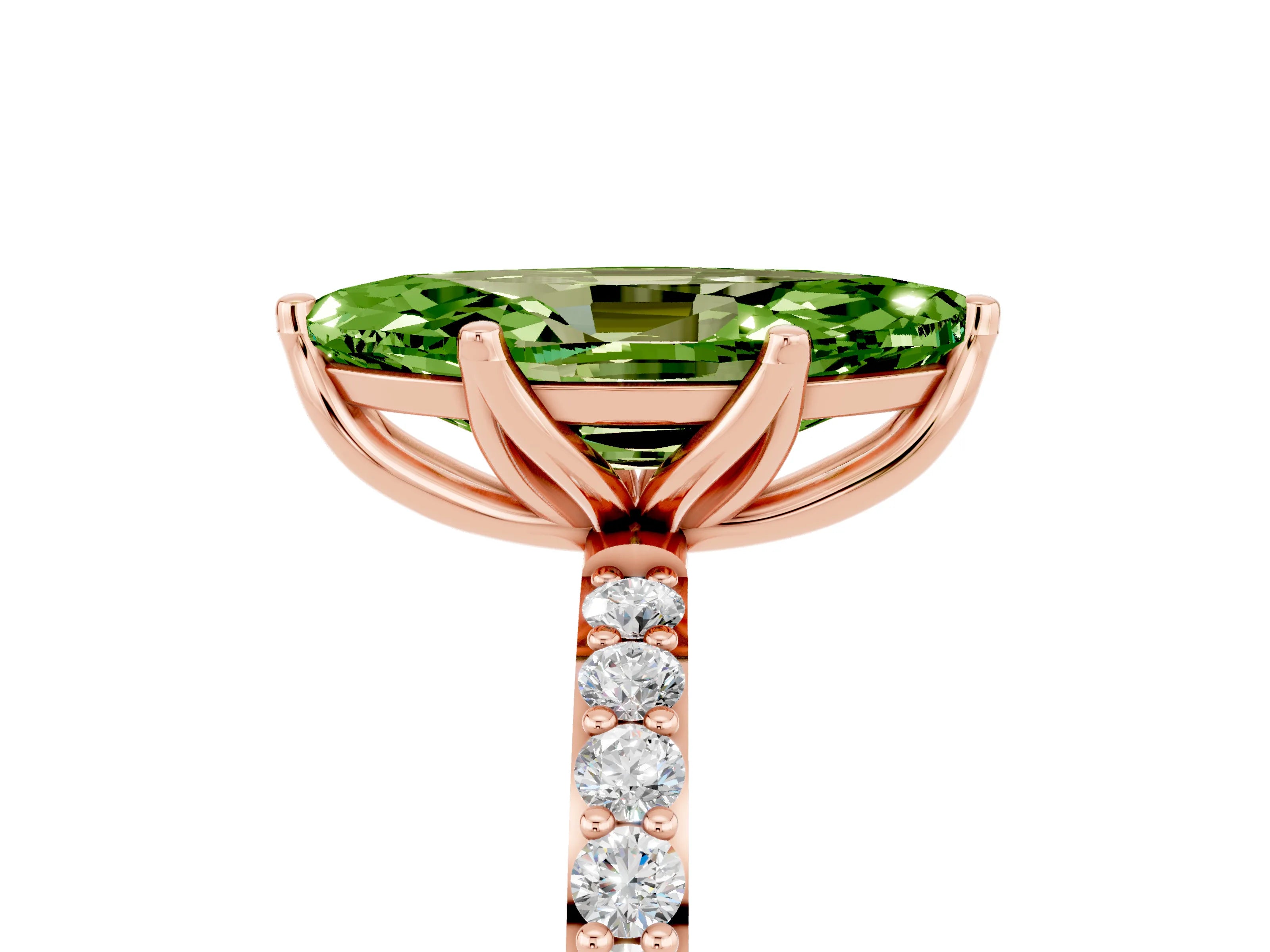 Rose gold Marquise Cut Peridot Solitaire Engagement Ring with Pavé Band and Prong Setting_5