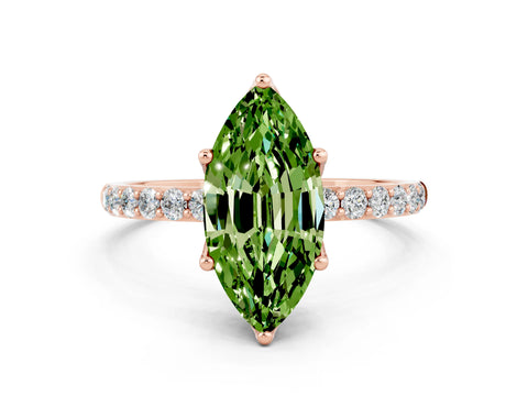 Rose gold Marquise Cut Peridot Solitaire Engagement Ring with Pavé Band and Prong Setting