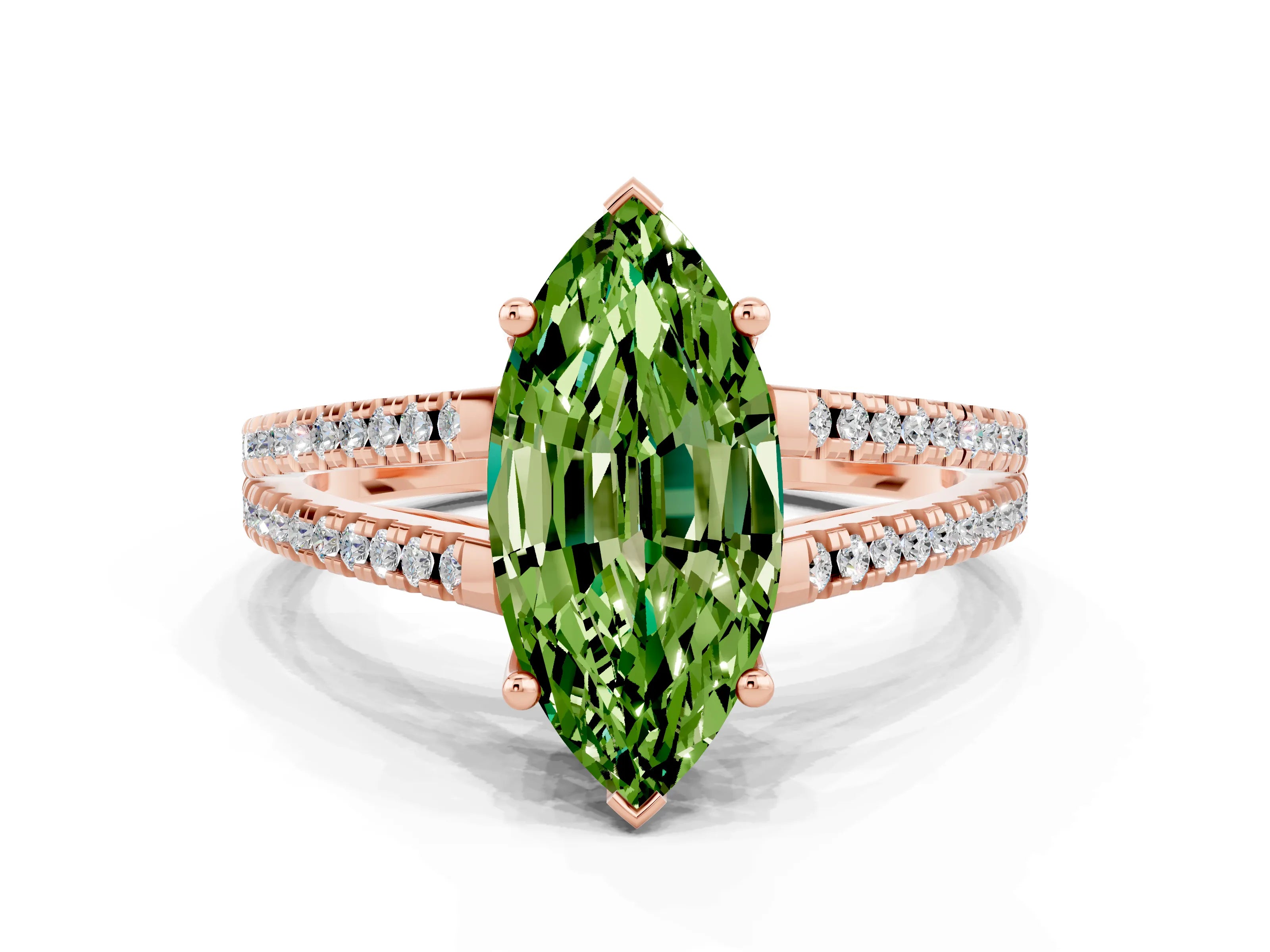 Rose gold Marquise Cut Peridot Solitaire Engagement Ring with Split Shank Pavé Band