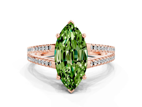 Rose gold Marquise Cut Peridot Solitaire Engagement Ring with Split Shank Pavé Band