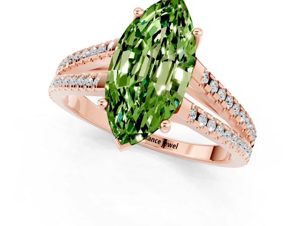 Rose gold Marquise Cut Peridot Solitaire Engagement Ring with Split Shank Pavé Band