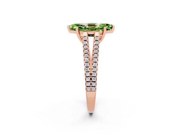Rose gold Marquise Cut Peridot Solitaire Engagement Ring with Split Shank Pavé Band