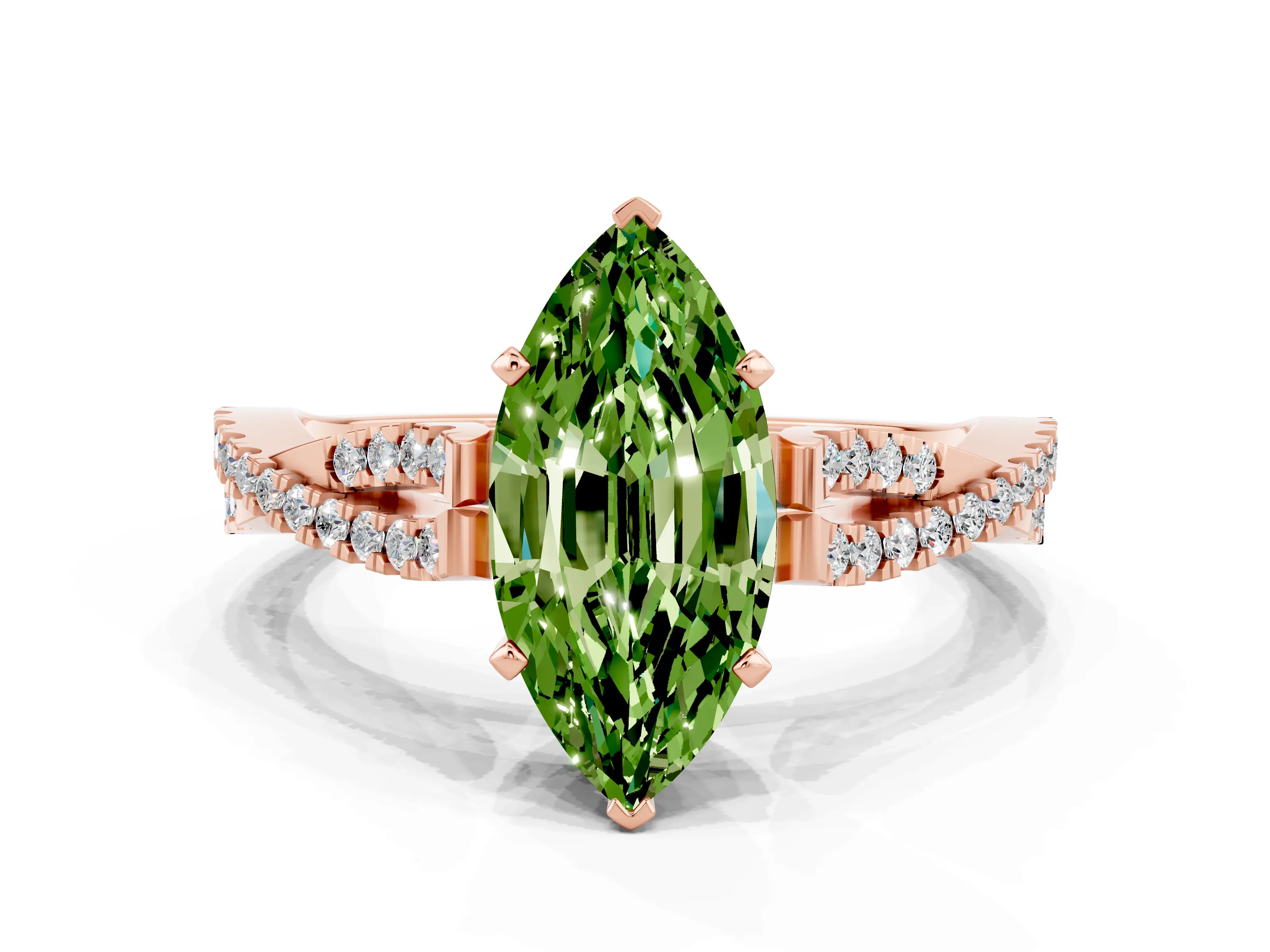 Rose gold Marquise Cut Peridot Solitaire Engagement Ring with Twisted Pavé Band and Four-Prong Setting