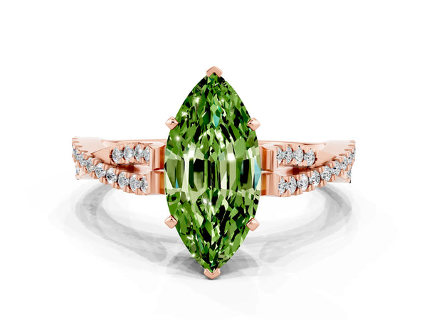 Rose gold Marquise Cut Peridot Solitaire Engagement Ring with Twisted Pavé Band and Four-Prong Setting