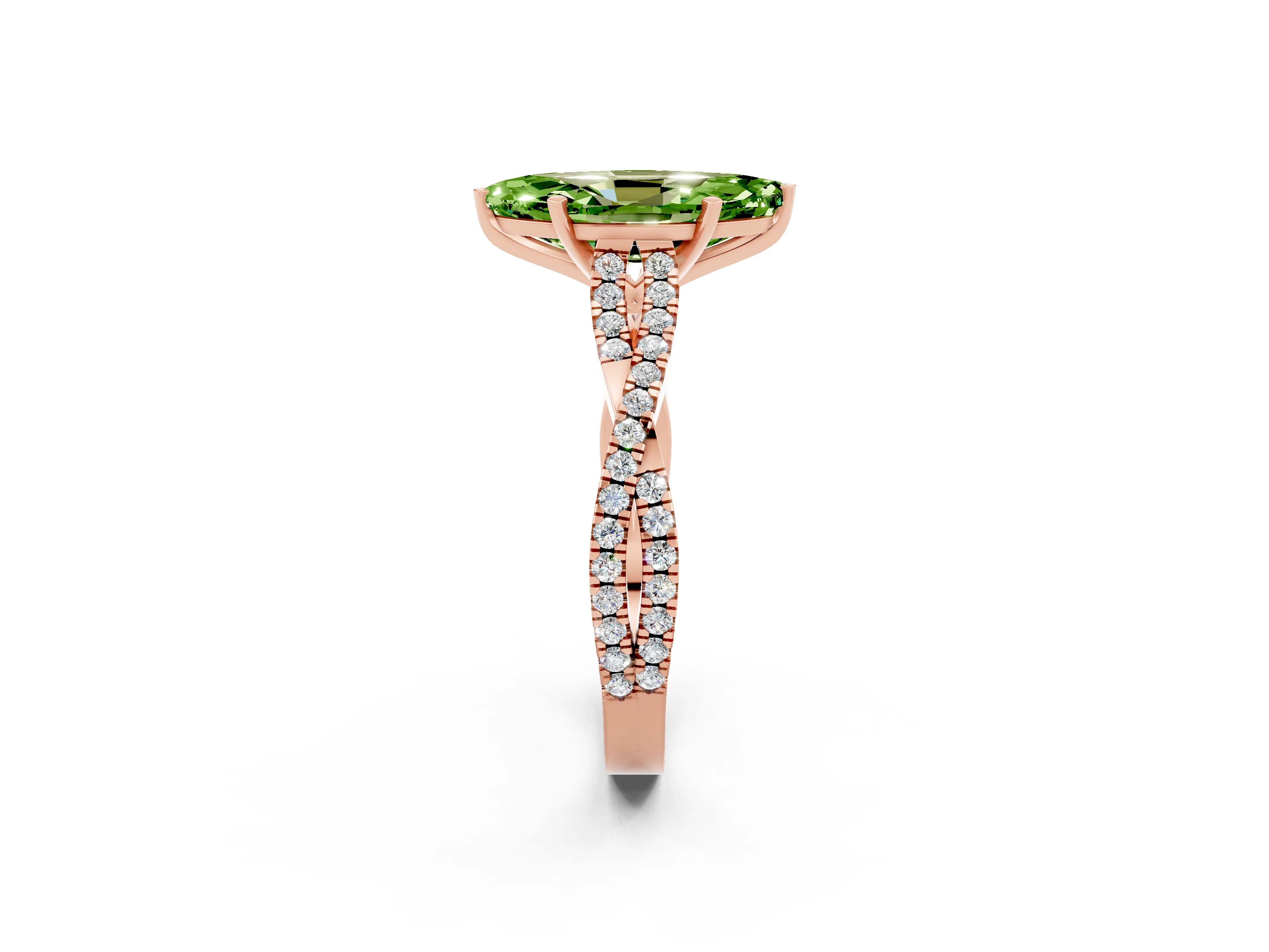 Rose gold Marquise Cut Peridot Solitaire Engagement Ring with Twisted Pavé Band and Four-Prong Setting_2