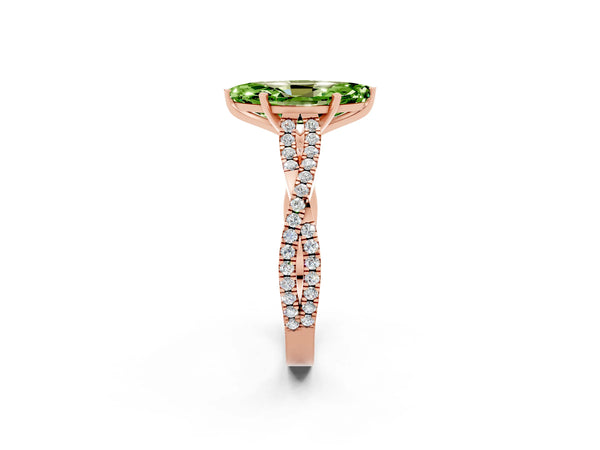Rose gold Marquise Cut Peridot Solitaire Engagement Ring with Twisted Pavé Band and Four-Prong Setting