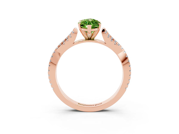 Rose gold Marquise Cut Peridot Solitaire Engagement Ring with Twisted Pavé Band and Four-Prong Setting