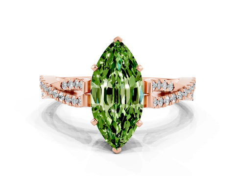Rose gold Marquise Cut Peridot Solitaire Engagement Ring with Twisted Pavé Band and Four-Prong Setting