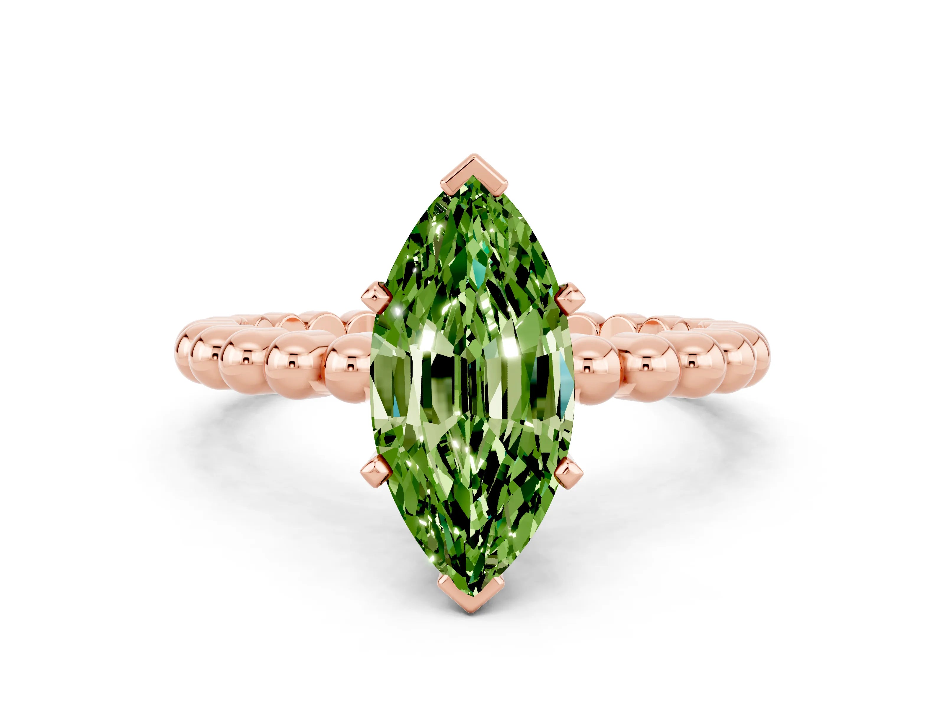 Rose gold Marquise Cut Peridot Solitaire Ring with Beaded Band and Prong Setting