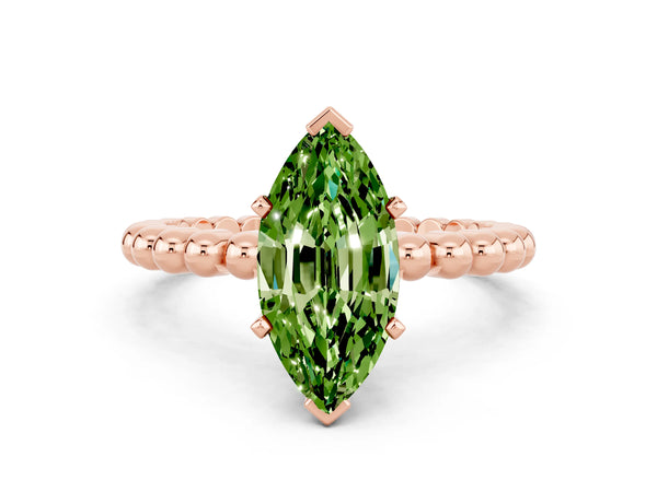 Rose gold Marquise Cut Peridot Solitaire Ring with Beaded Band and Prong Setting