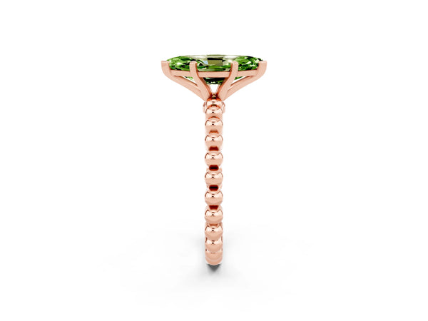 Rose gold Marquise Cut Peridot Solitaire Ring with Beaded Band and Prong Setting