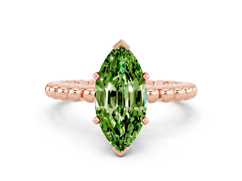 Rose gold Marquise Cut Peridot Solitaire Ring with Beaded Band and Prong Setting