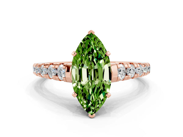 Rose gold Marquise Cut Peridot Cathedral Solitaire Ring with Round  Pavé Band