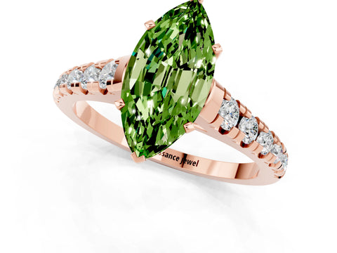 Rose gold Marquise Cut Peridot Solitaire Ring with Cathedral Setting and Pavé Band_1