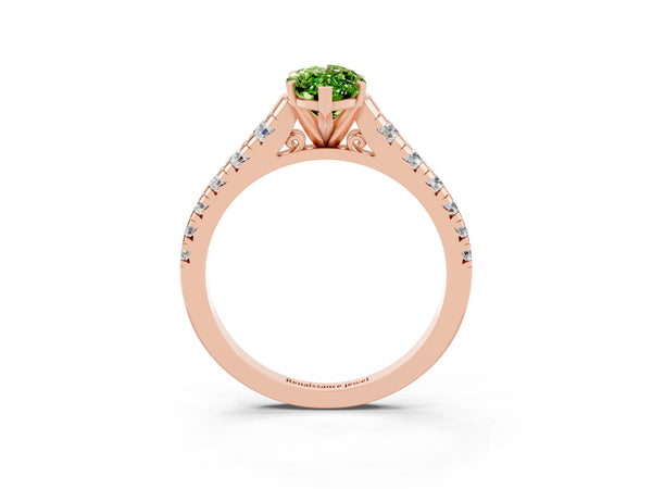 Rose gold Marquise Cut Peridot Cathedral Solitaire Ring with Round  Pavé Band