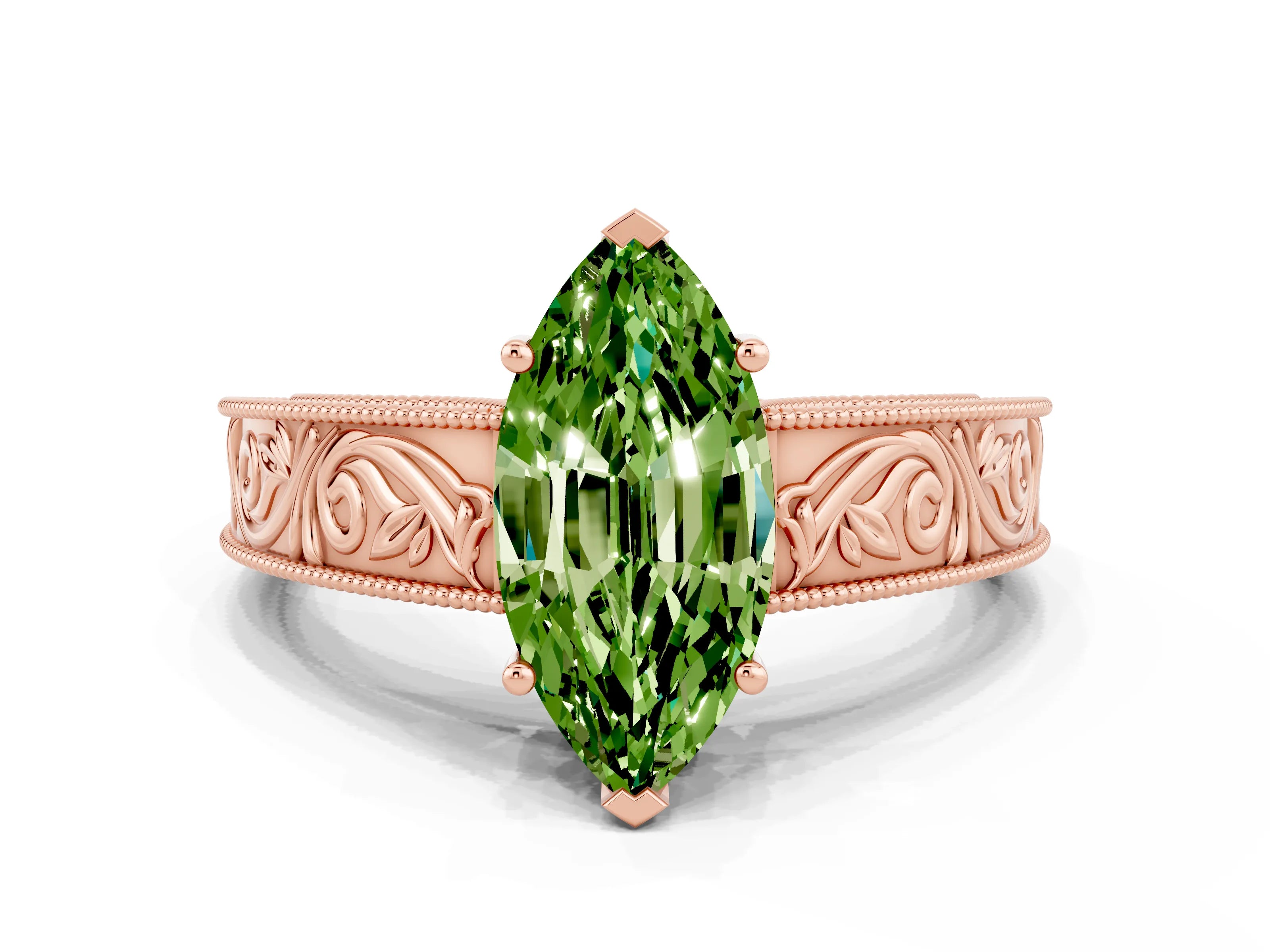 Rose gold Marquise Cut Peridot Solitaire Ring with Engraved Band and Four-Prong Setting