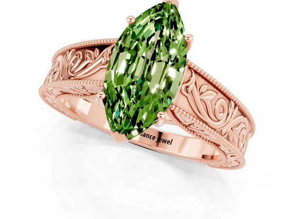 Rose gold Marquise Cut Peridot Solitaire Ring with Engraved Band and Four-Prong Setting