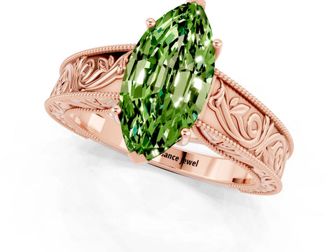 Rose gold Marquise Cut Peridot Solitaire Ring with Engraved Band and Four-Prong Setting_1