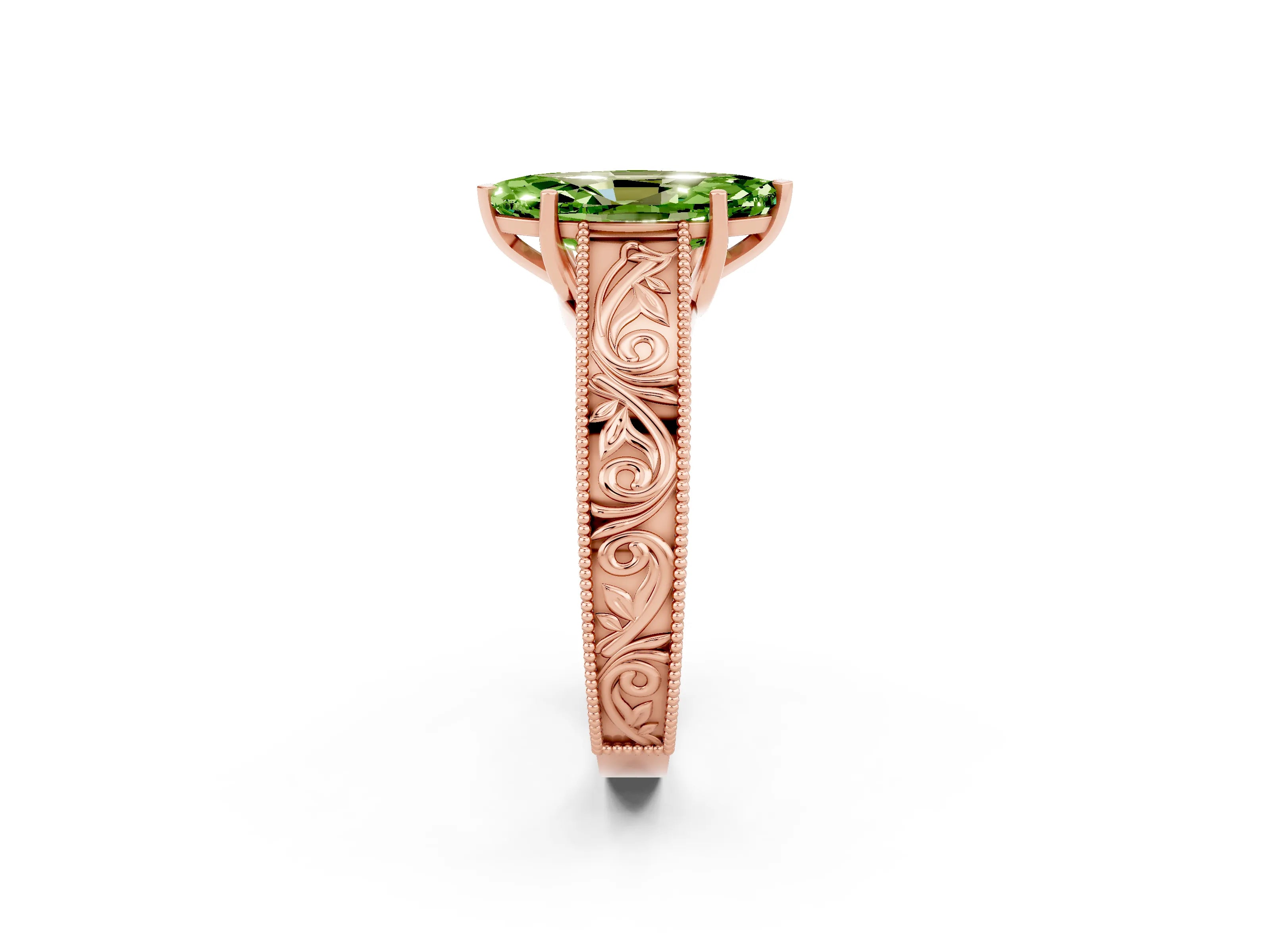 Rose gold Marquise Cut Peridot Solitaire Ring with Engraved Band and Four-Prong Setting_2