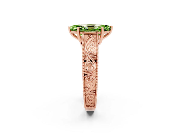Rose gold Marquise Cut Peridot Solitaire Ring with Engraved Band and Four-Prong Setting
