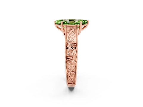 Rose gold Marquise Cut Peridot Solitaire Ring with Engraved Band and Four-Prong Setting_2