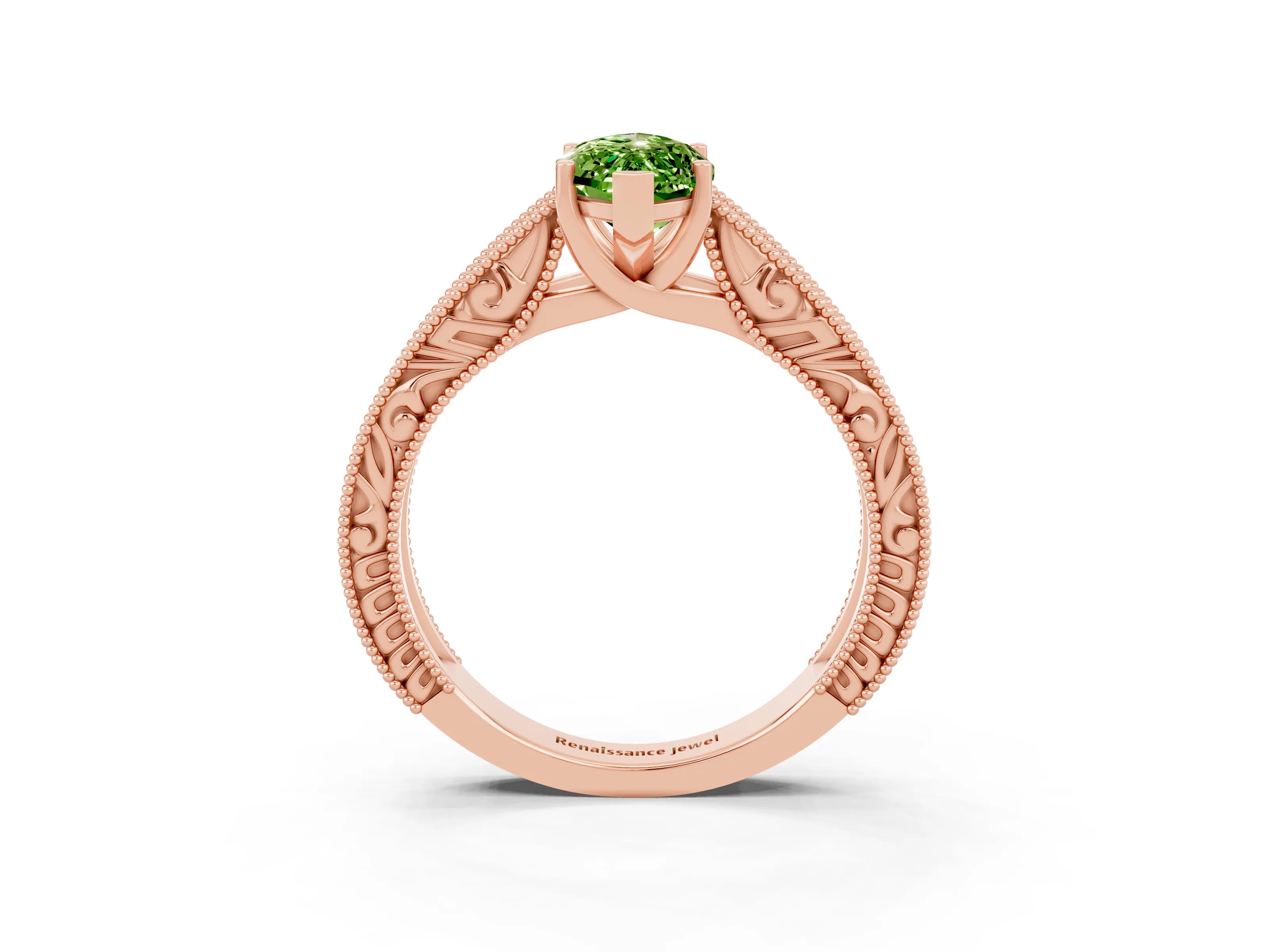 Rose gold Marquise Cut Peridot Solitaire Ring with Engraved Band and Four-Prong Setting_3