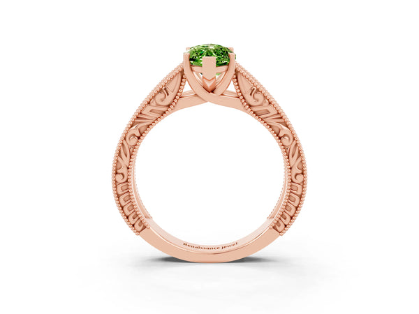 Rose gold Marquise Cut Peridot Solitaire Ring with Engraved Band and Four-Prong Setting