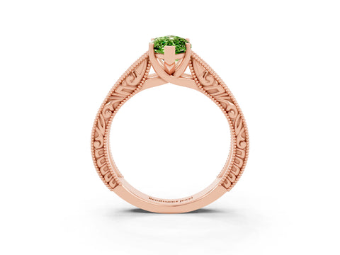 Rose gold Marquise Cut Peridot Solitaire Ring with Engraved Band and Four-Prong Setting_3