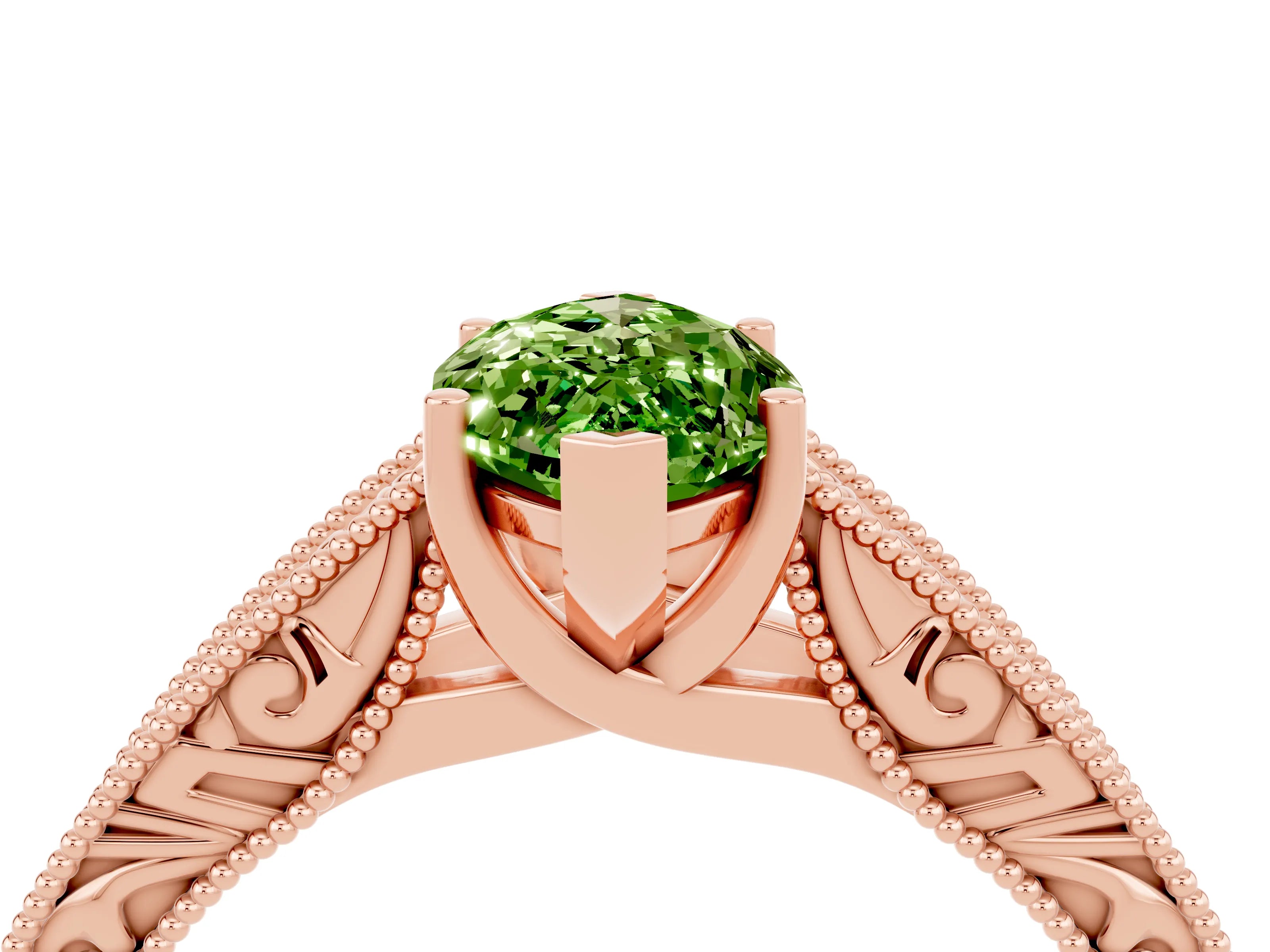 Rose gold Marquise Cut Peridot Solitaire Ring with Engraved Band and Four-Prong Setting_4