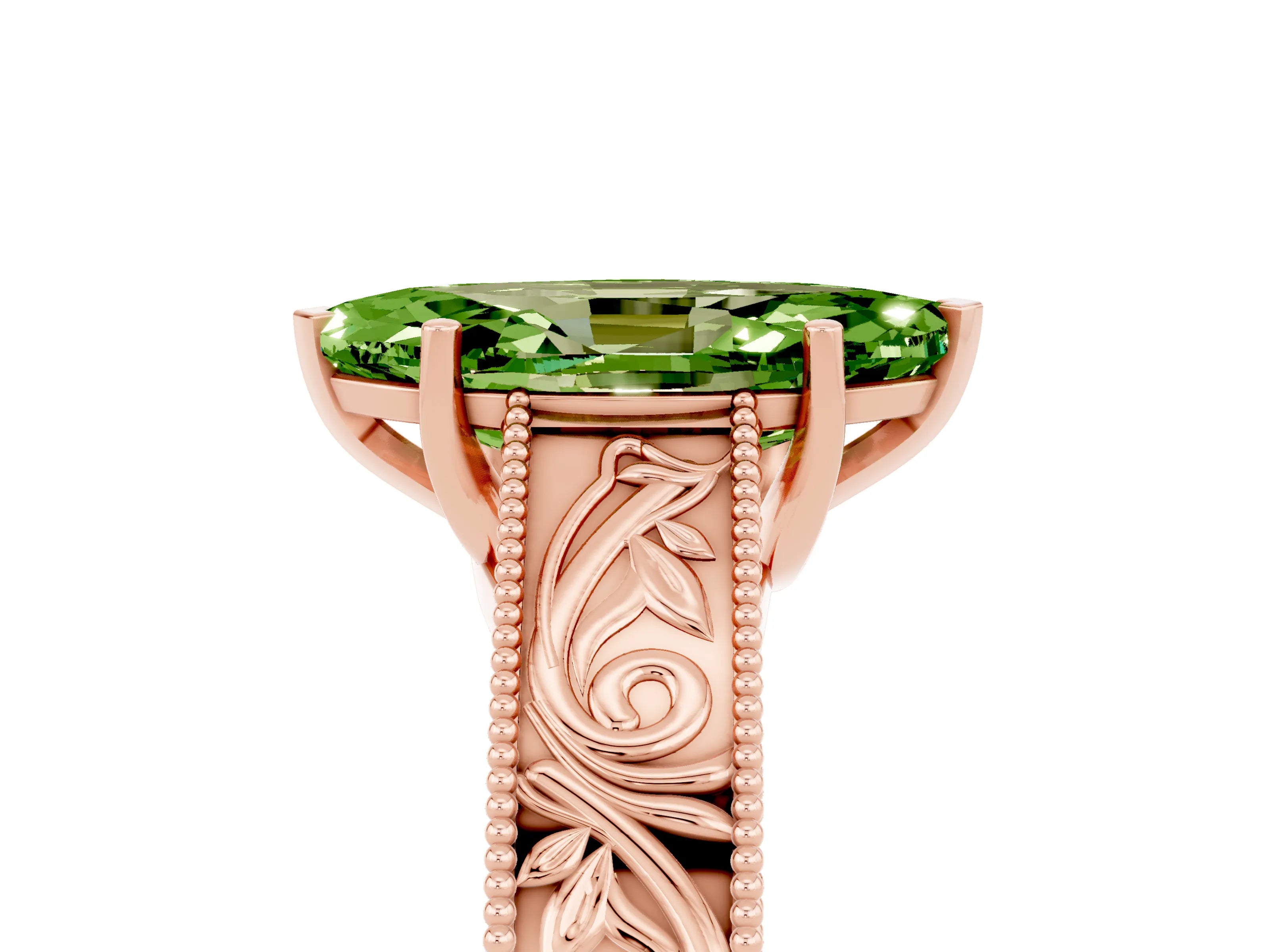 Rose gold Marquise Cut Peridot Solitaire Ring with Engraved Band and Four-Prong Setting_5