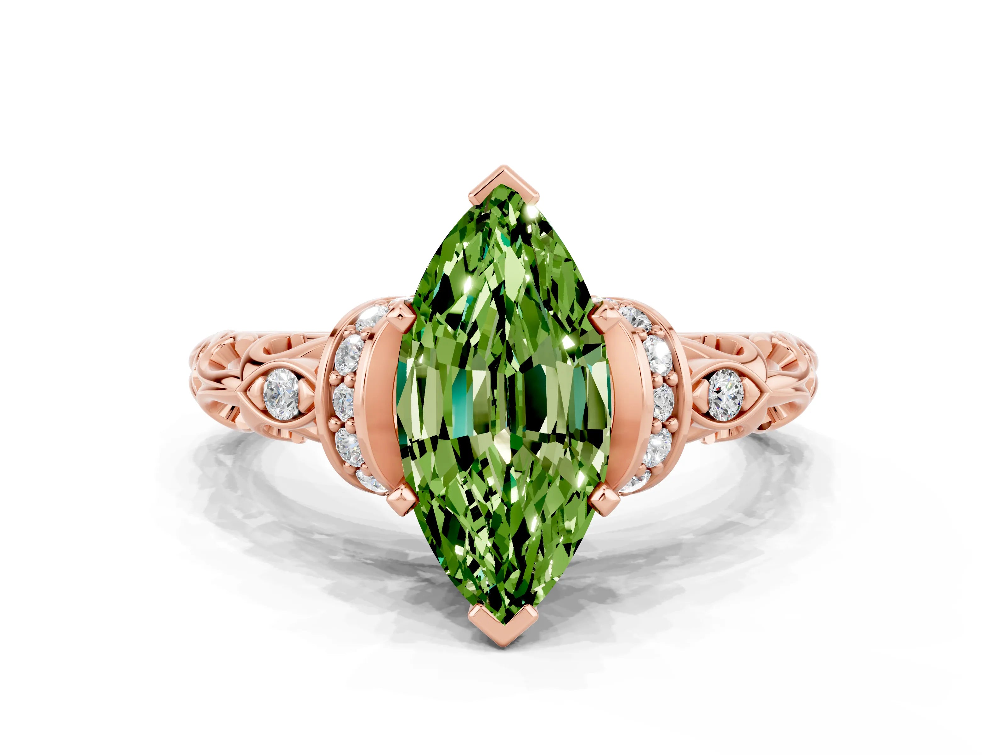 Rose gold Marquise Cut Peridot Solitaire Ring with Filigree Band and Four-Prong Setting_24