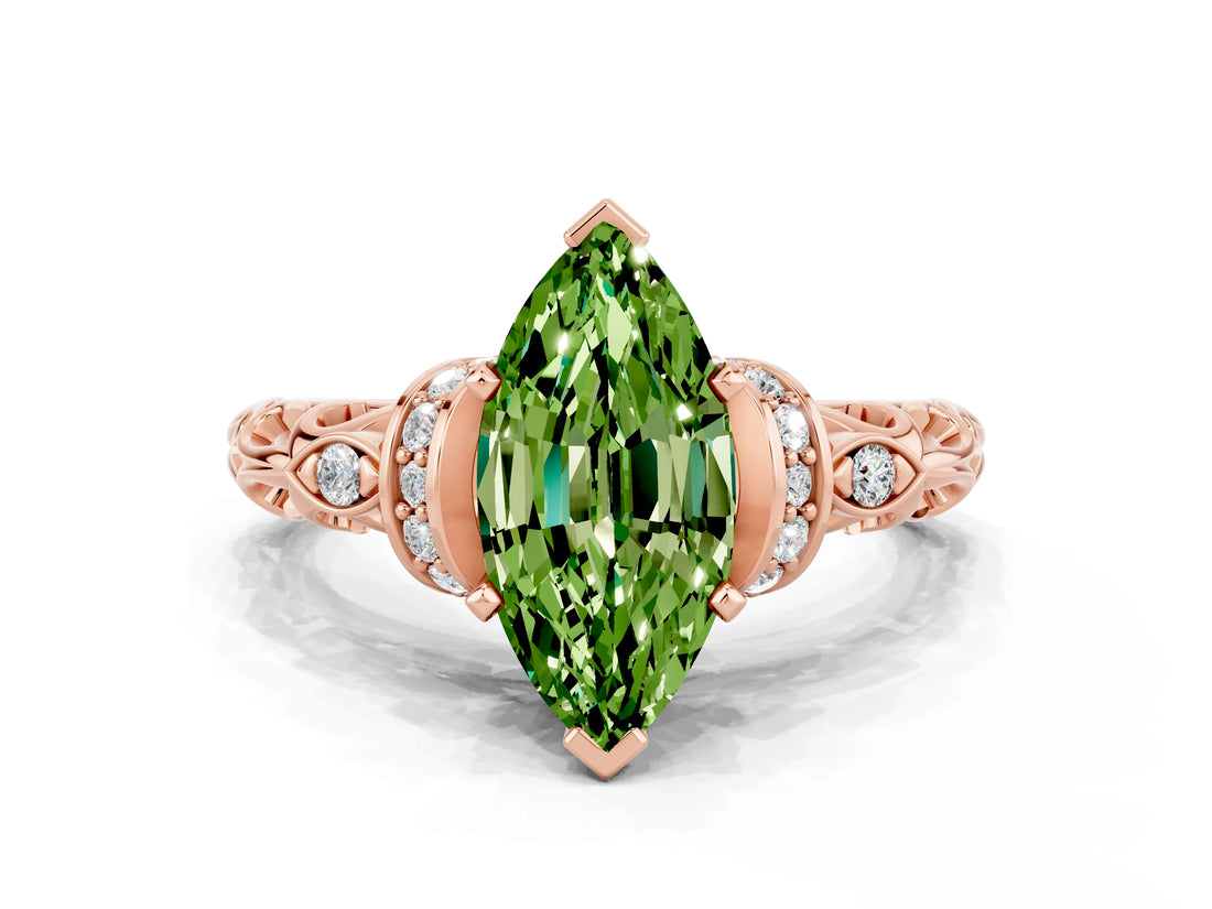 Rose gold Marquise Cut Peridot Solitaire Ring with Filigree Band and Four-Prong Setting_24