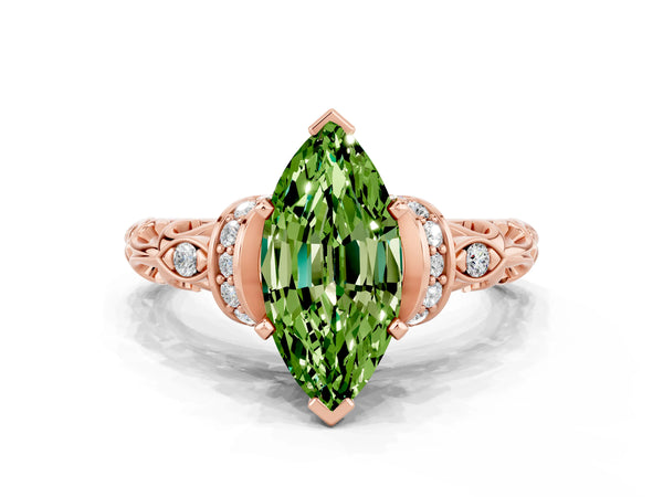 Rose gold Marquise Cut Peridot Solitaire Ring with Filigree Band and Four-Prong Setting