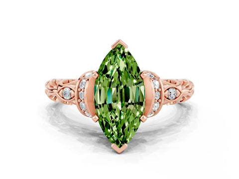 Rose gold Marquise Cut Peridot Solitaire Ring with Filigree Band and Four-Prong Setting_24