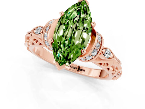 Rose gold Marquise Cut Peridot Solitaire Ring with Filigree Band and Four-Prong Setting_25