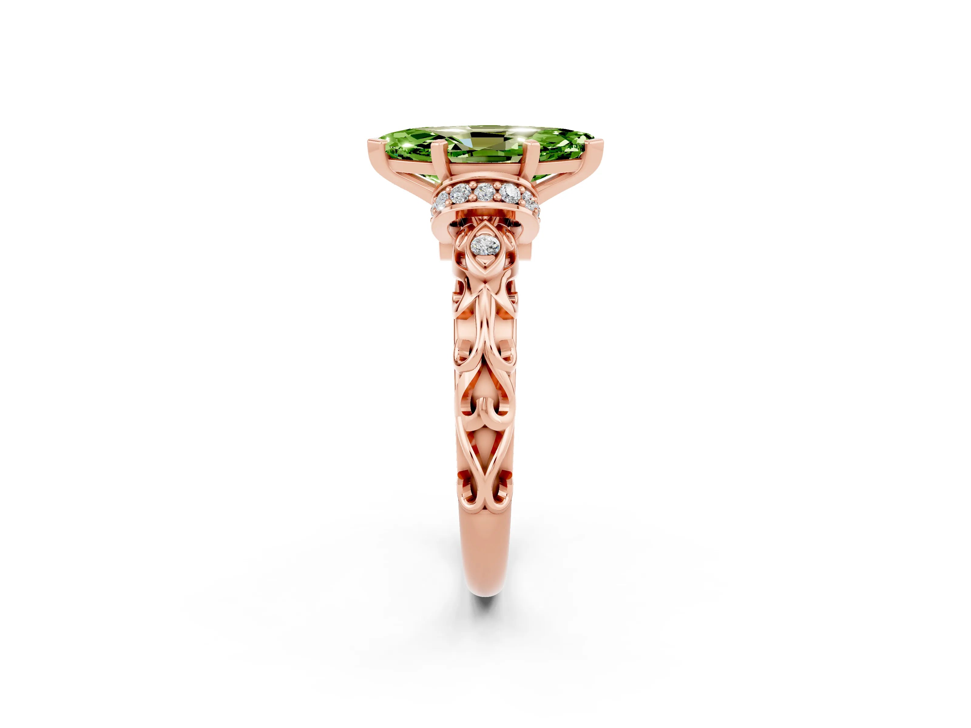 Rose gold Marquise Cut Peridot Solitaire Ring with Filigree Band and Four-Prong Setting_26