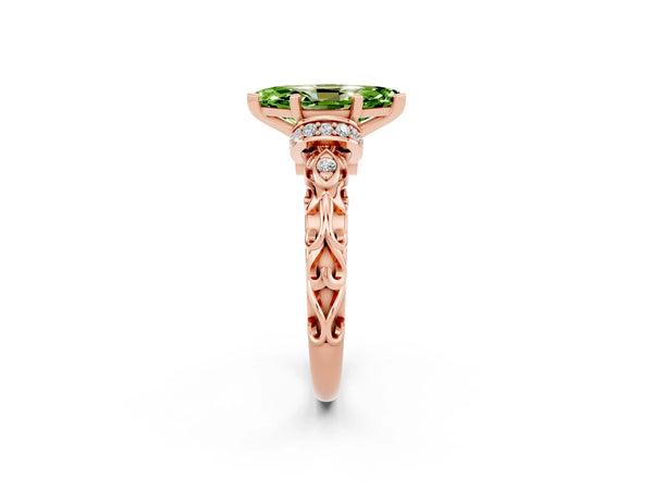 Rose gold Marquise Cut Peridot Solitaire Ring with Filigree Band and Four-Prong Setting