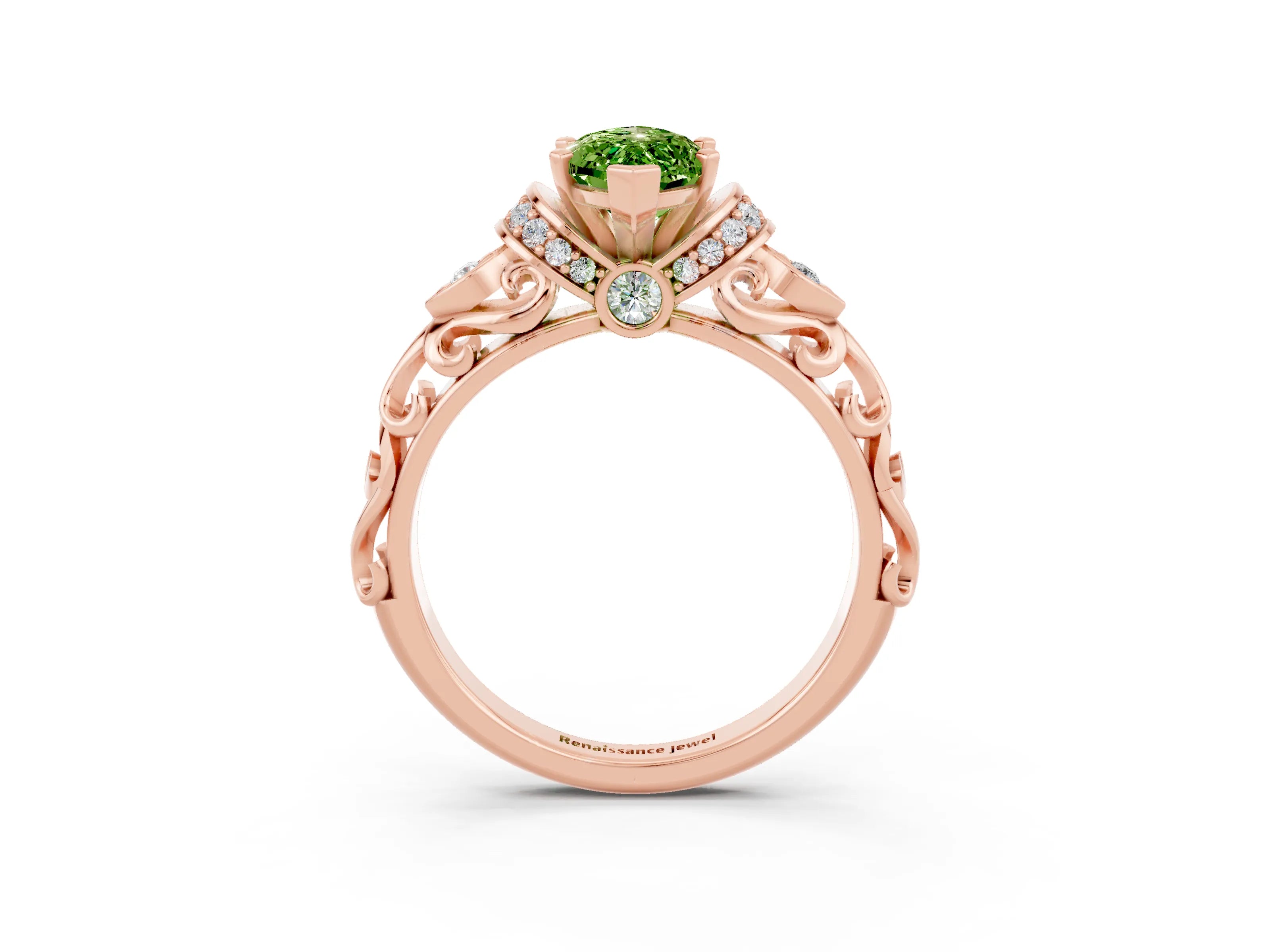 Rose gold Marquise Cut Peridot Solitaire Ring with Filigree Band and Four-Prong Setting_27