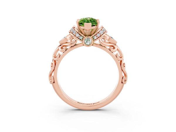 Rose gold Marquise Cut Peridot Solitaire Ring with Filigree Band and Four-Prong Setting