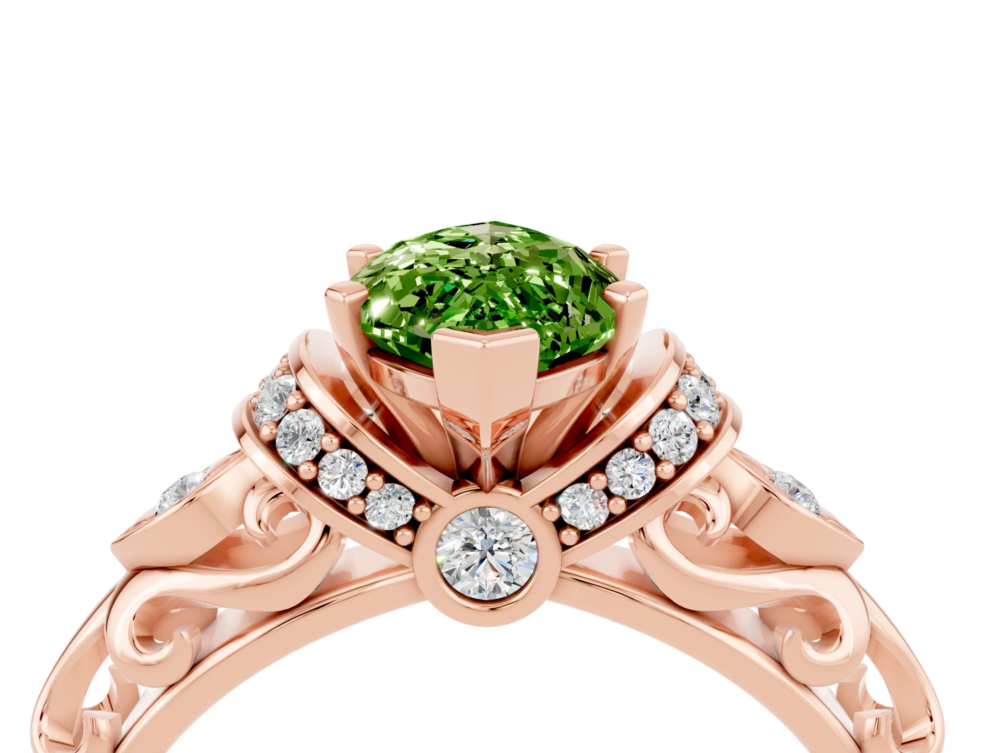 Rose gold Marquise Cut Peridot Solitaire Ring with Filigree Band and Four-Prong Setting_28