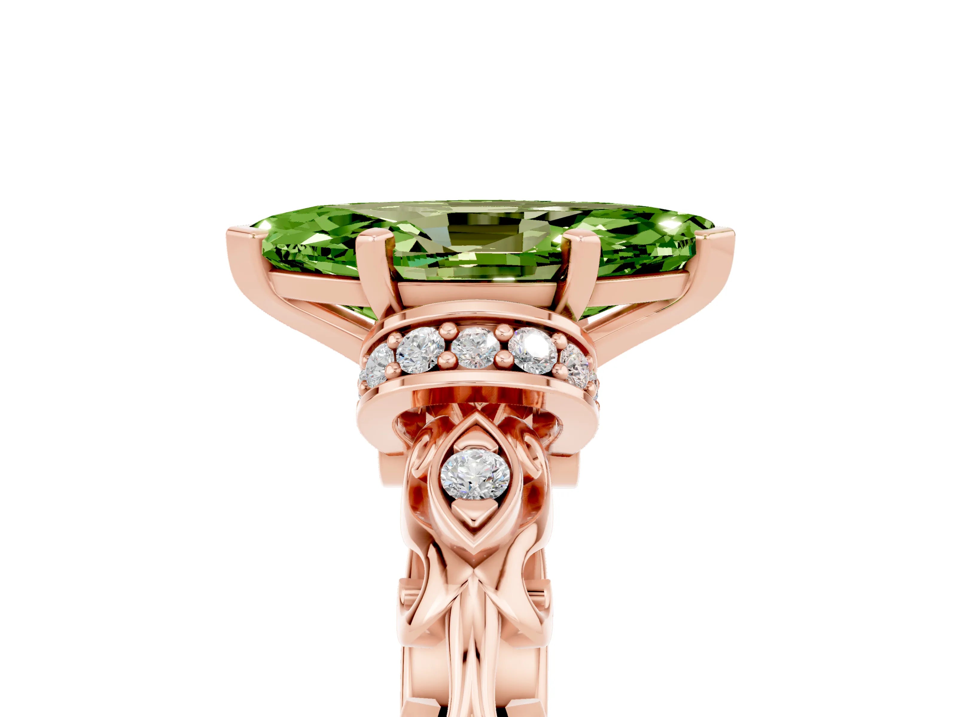 Rose gold Marquise Cut Peridot Solitaire Ring with Filigree Band and Four-Prong Setting_29