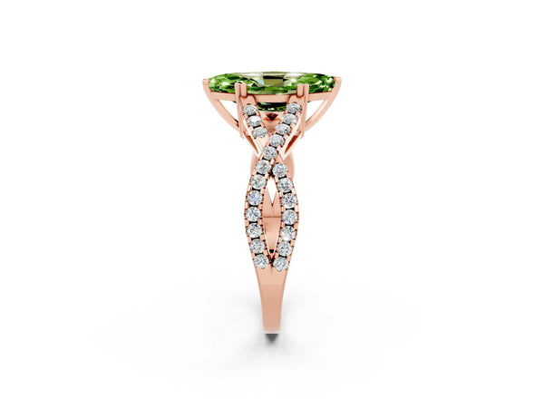 Rose gold Marquise Cut Peridot Solitaire Ring with Four-Prong Setting and Twisted Pavé Band