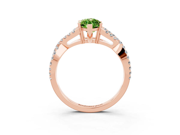 Rose gold Marquise Cut Peridot Solitaire Ring with Four-Prong Setting and Twisted Pavé Band