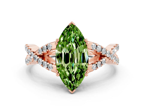 Rose gold Marquise Cut Peridot Solitaire Ring with Four-Prong Setting and Twisted Pavé Band